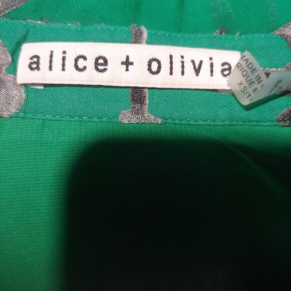 Alice & Olivia Burnout Velvet L-Sleeve Kelly Green/Grey Whimsy Sheer Blouse XS - Picture 11 of 13